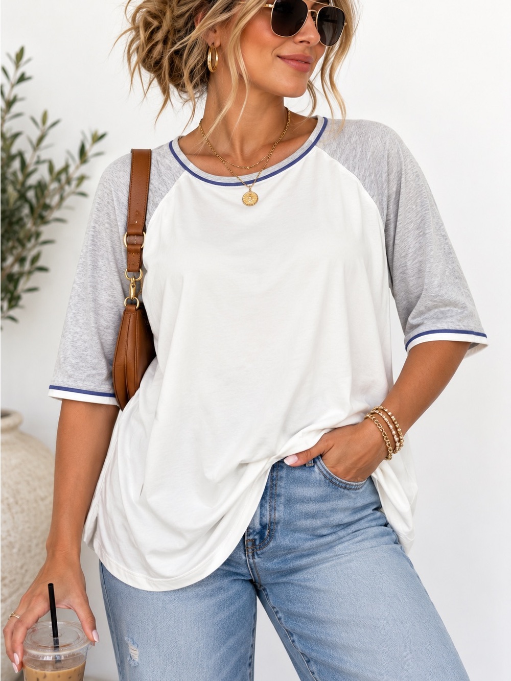 Drapers & Damon's Women's Crew Neck Raglan Top Size M Blue Piping Trim